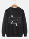 Mens Cat Music Note Print Crew Neck Pullover Sweatshirts - Black