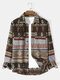 Mens Vintage Tribal Geo Pattern Casual Shirt Jacket With Flap Pocket - Brown