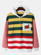 Mens Stripe Patchwork Rose Embroidered Half Button Loose Drawstring Hoodies - Yellow