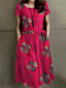Flower Print Drawstring Waist Pocket Short Sleeve Vintage Dress - Pink