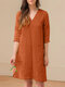 Solid Dual Pocket Slit Hem V-neck 3/4 Sleeve Vintage Dress - Orange