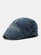 Men Distressed Washed Cotton Letter Geometric Arrow Embroidery Casual Beret Flat Cap - Blue