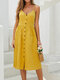 Women Backless Button Pockets Solid Color Strap V-neck Sexy Dress - Yellow