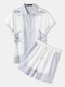 Mens Art Figure Pattern Baroque Lapel Collar Shirts and Shorts - White+Gray