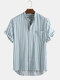 Mens Thin & Breathable Vertical Pinstriped Stand Collar Short Sleeve Shirt - Green