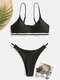 Women Thong Bikinis Solid Striped Trim Swimwear - Black