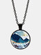 Trendy Metal Round Landscape Print Glass Pendant Necklace - Black