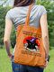 Women Canvas Magic Hat Cat Pattern Printing Handbag Shoulder Bag Tote - Orange