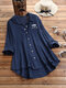 Embroidered Cute Cat Jacquard Button Detail Plus Size Shirt - Blue