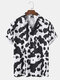 Mens Cow Pattern Print Revere Collar Short Sleeve Casual Shirt - Black