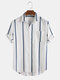 Mens Plain Striped Print Turn Down Collar Short Sleeve Shirts - Navy