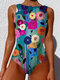 Women Abstract Flower Print One Piece Sleeveless High Neck Swimsuits - Multicolor