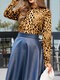 Leopard Print O-neck Long Sleeve Casual T-Shirt For Women - Camel