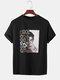 Mens Cool Portrait Print O-neck Short T-shirts - Black