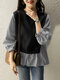 Stripe Patchwork Puff Sleeve Crew Neck Casual Blouse - Black