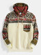 Mens Ethnic Print Patchwork Chest Pocket Drawstring Pullover Hoodie - Apricot