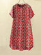 Women Ditsy Floral Print Quarter Button Short Sleeve Dress - Red