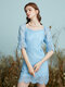 Crochet Lace Hollow Flounce Sleeve Zip Square Collar Dress - Blue