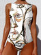 Women Graffiti Abstract Print Round Neck One Piece Sleevless Slimming Swimsuit - White