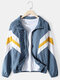 Mens Color Block Patchwork Cotton Zip Front Lapel Collar Relaxed Fit Jackets - Blue