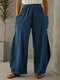 Women Solid Color 100% Cotton Elastic Waist Pant With Pocket - Blue