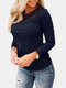 Solid Color Hollow Out Lace O-neck Long Sleeve Blouse - Navy