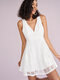 Lace Stitch Solid Sleeveless V-neck Invisible Zipper Dress - White