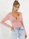 Solid Long Sleeve V-neck Skinny Casual T-shirt For Women - Pink