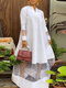 महिला मेष पैचवर्क नोकदार गर्दन लंबी आस्तीन मैक्सी ड्रेस - सफेद
