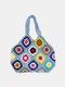 JOSEKO Women Plush Handmade Crochet Ethnic Mixed Floral Pattern Shoulder Bag Multifunctional Tote Bag - Blue