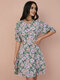 Floral Print Cut Out Back Tie Short Sleeve Crew Neck Mini Dress - Green