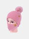 Women 2PCS Wool Winter Keep Warm Daily Casual Neck Face Protection Fur Ball Knitted Hat Beanie Mask - Pink