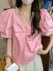 Women Puff Sleeve Solid Pearl Decor V-neck Blouse - Pink