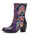 Socofy Retro Luxurious Floral Embroidered Leather Side-zip Comfortable Chunky Heel Mid Calf Boots - Purple