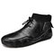 Men Cow Leather Splicing Non Slip Elastic Lace Soft Sole Casual Boots - Black