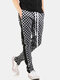 Mens Checkerboard Side Stripe Drawstring Waist Casual Zip Cuff Pants - Gray