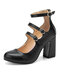 Women Round Toe Retro Elegant Double Buckle Design Chunky Heels Shoes - Black