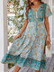 Bohemian Flower Print Drawstring Short Sleeve V-neck Dress - Blue