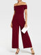 Solid Color Plain Off-shoulder Slash Neck Long Casual Jumpsuit for Women - Wine Red