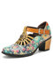 Sокофий Натуральная Кожа Retro Floral Крюк & Loop Comfy Туфли с Т-образным ремешком на каблуке - Абрикос