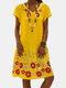 Flower Print Short Sleeve V-neck Casual Dress - Yellow