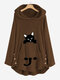 Casual Funny Cat Print Pocket Overhead Fleece Hoodies - Dark brown