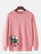 Mens Cartoon Animal Print Cotton Crew Neck Pullover Sweatshirts - Pink