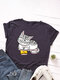 Cartoon Cat Printed O-neck Short Sleeve T-shirt - Navy