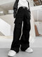 Hombres Fold Detalle Sólido Recto Carga Pantalones - Negro
