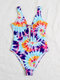 Women Colorful Tie Dye Bowknot Trim High Fork One Piece Swimwear - Blue