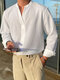 Mens Solid Notched Neck Cotton Long Sleeve Shirt - White