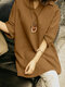 Solid Loose 3/4 Sleeve Lapel Casual Blouse - Brown
