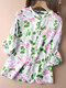 Chemise à cordon de serrage à col montant et imprimé aquarelle pour femme - vert