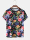 Mens Allover Floral Printed Summer Round Neck Light T-Shirt - Black